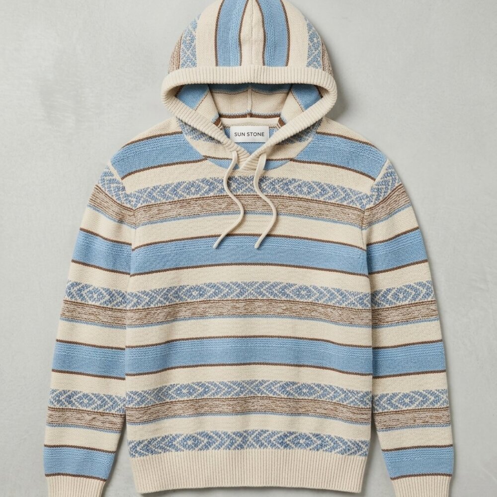 Sun + Stone Men’s Light Blue Striped Knit Hoodie Sweater – Coastal Prep